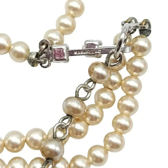 Marvella Silver Tone Champagne Glass Faux Pearl Dual Strand Necklace Rhinestone - Picture 6 of 6
